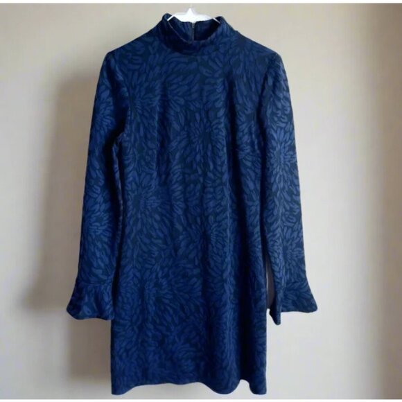 Anthropologie Blue Floral Knit Mini Dress Small Mock Neck Long Sleeve Stretch - Picture 3 of 8